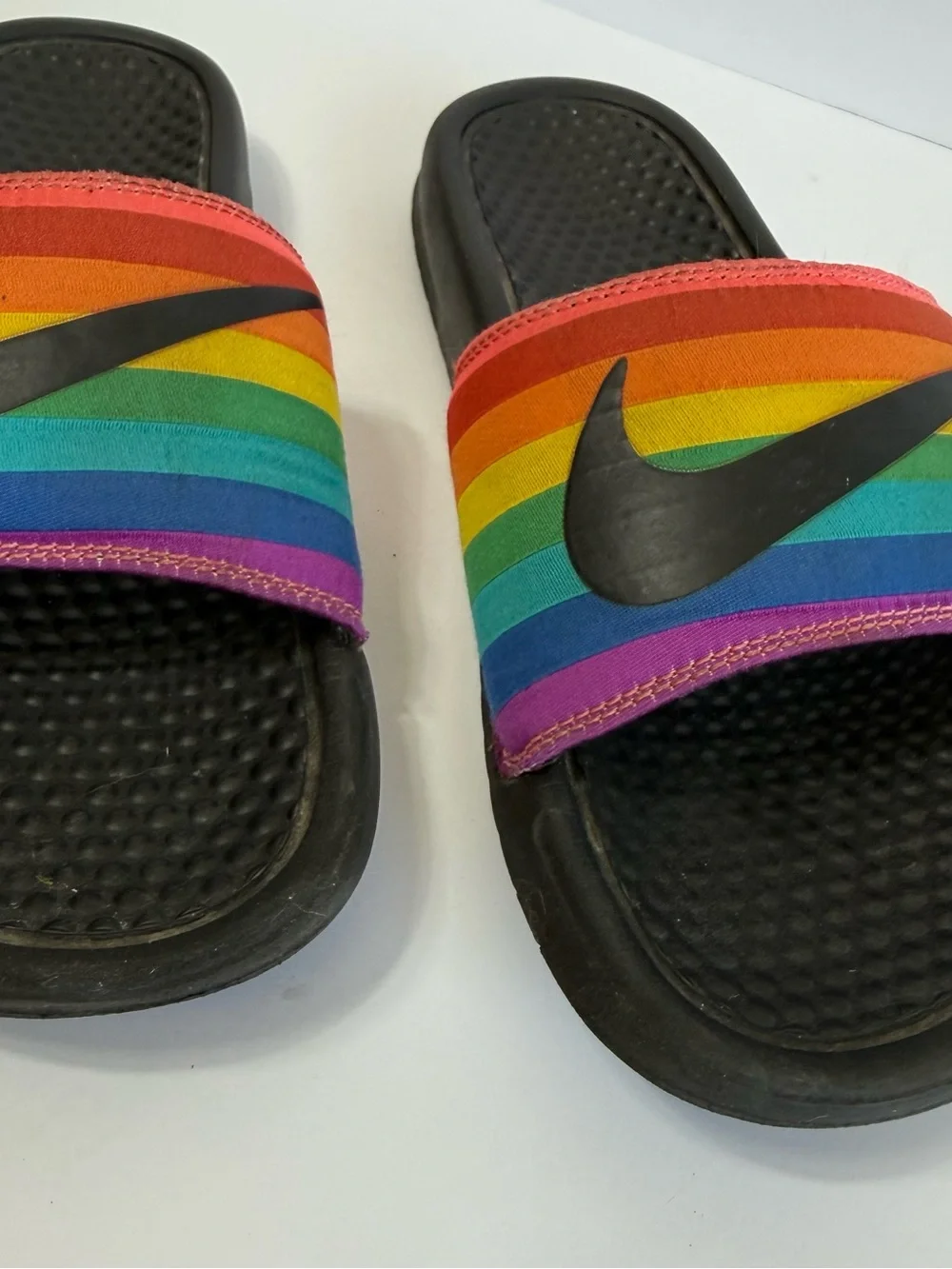 Nike Benassi JDI Be True Pride Rainbow Slides Gilbert Baker Edition